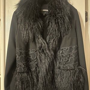 Plenty by Tracy Reese Chic Black Faux Fur and Lace Coat